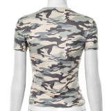 Tight Camouflage Cherry Print Short Sleeve T-Shirt GDSF-D25TP121
