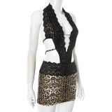 Leopard Print Lace Patchwork Backless Tie Mini Dress GDSF-D25DS104