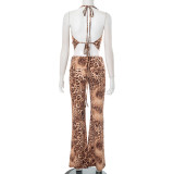 Leopard Print Halterneck Tie Up Two Piece Pants Set GDSF-D25ST133