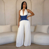 Contrast Color Halterneck Backless Jumpsuit GDSF-J25JP046