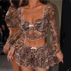 Leopard Print Bow Flared Long Sleeve Pleated Skirt Set GDSF-Q25ST124