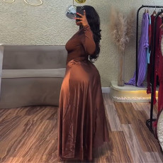 Slash Neck Long Sleeve Solid Maxi Dress GCNE-72458