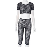 Lace See Through Short Sleeve Shorts 2 Piece Set GDSF-J25ST044