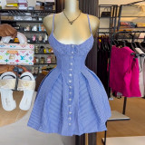 Blue Stripe Sling Backless Mini Dress GCNE-9235