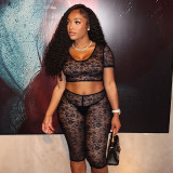 Lace See Through Short Sleeve Shorts 2 Piece Set GDSF-J25ST044