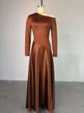 Slash Neck Long Sleeve Solid Maxi Dress GCNE-72458