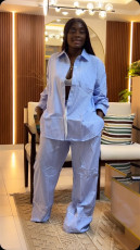 Lapel Loose Stripe Shirt Wide Leg 2 Piece Set GCNE-72466