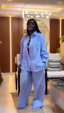 Lapel Loose Stripe Shirt Wide Leg 2 Piece Set GCNE-72466