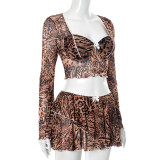 Leopard Print Bow Flared Long Sleeve Pleated Skirt Set GDSF-Q25ST124