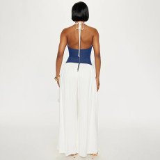 Contrast Color Halterneck Backless Jumpsuit GDSF-J25JP046
