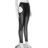 Solid Color Mesh Hollow Out Skinny Pants GDSF-D25PT116