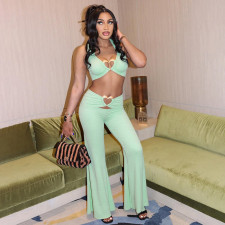 Love Metal Button Top Wide Leg Pants 2 Piece Set GDSF-J25ST051