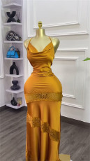 V Neck Halterneck Lace Patchwork Maxi Dress GCNE-72422