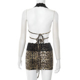Leopard Print Lace Patchwork Backless Tie Mini Dress GDSF-D25DS104