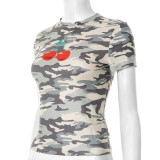 Tight Camouflage Cherry Print Short Sleeve T-Shirt GDSF-D25TP121