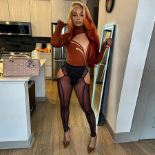 Solid Color Mesh Hollow Out Skinny Pants GDSF-D25PT116
