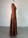 Slash Neck Long Sleeve Solid Maxi Dress GCNE-72458