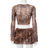 Leopard Print Bow Flared Long Sleeve Pleated Skirt Set GDSF-Q25ST124