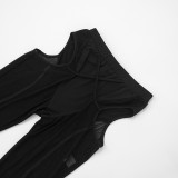 Solid Color Mesh Hollow Out Skinny Pants GDSF-D25PT116