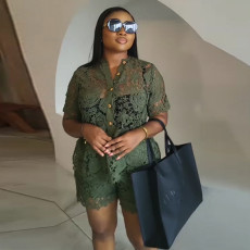 Lace Short Sleeve Shirt And Shorts 2 Piece Set GCNE-72442