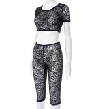 Lace See Through Short Sleeve Shorts 2 Piece Set GDSF-J25ST044
