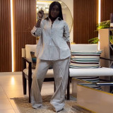 Lapel Loose Stripe Shirt Wide Leg 2 Piece Set GCNE-72466