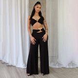 Love Metal Button Top Wide Leg Pants 2 Piece Set GDSF-J25ST051