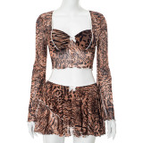 Leopard Print Bow Flared Long Sleeve Pleated Skirt Set GDSF-Q25ST124