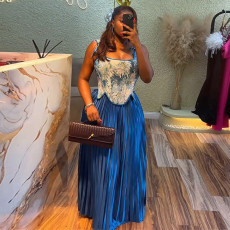Print Sleeveless Vest Pleated Long Skirt Suit GCNE-72454