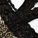 Leopard Print Lace Patchwork Backless Tie Mini Dress GDSF-D25DS104