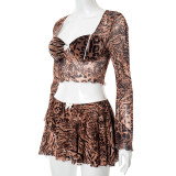 Leopard Print Bow Flared Long Sleeve Pleated Skirt Set GDSF-Q25ST124