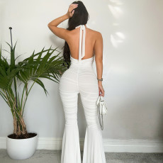 Backless Deep V Neck Ruffles Flare Jumpsuit GDSF-J25JP048