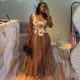 Print Sleeveless Vest Pleated Long Skirt Suit GCNE-72454