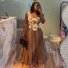Print Sleeveless Vest Pleated Long Skirt Suit GCNE-72454
