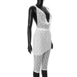 Deep V Neck Lace Tops And Seventh Pants Suit GDSF-J25ST036