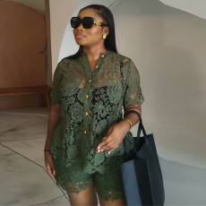 Lace Short Sleeve Shirt And Shorts 2 Piece Set GCNE-72442