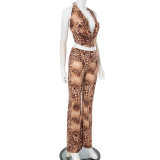 Leopard Print Halterneck Tie Up Two Piece Pants Set GDSF-D25ST133