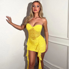Solid Color Lace Ribbon Ruffles Mini Dress GDSF-G25DS105
