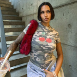 Tight Camouflage Cherry Print Short Sleeve T-Shirt GDSF-D25TP121