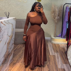 Slash Neck Long Sleeve Solid Maxi Dress GCNE-72458