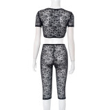 Lace See Through Short Sleeve Shorts 2 Piece Set GDSF-J25ST044