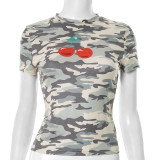 Tight Camouflage Cherry Print Short Sleeve T-Shirt GDSF-D25TP121