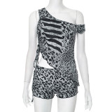 Backless Zebra Print Slant Shoulder Lace-Up Top Shorts Set GDSF-J25ST021