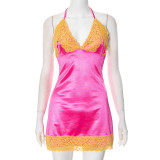 Lace Patchwork Halterneck Backless Mini DressGDSF-D24DS711