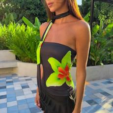 One Shoulder Flower Print Tops GDSF-D25TP090