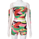Colorful Print One Shoulder Tie Up Short Suit GDSF-D25ST096