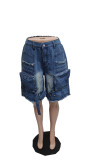 Loose Casual Big Pockets Tassel Denim Shorts QXTF-8505