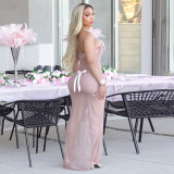Plunge Bow Slightly Sheer Fishtail Dress  GDSF-Q25DS083