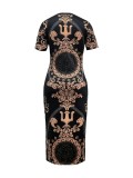 Gold Printed Short Sleeve Slim Mid Dress SH-391372