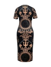 Gold Printed Short Sleeve Slim Mid Dress SH-391372